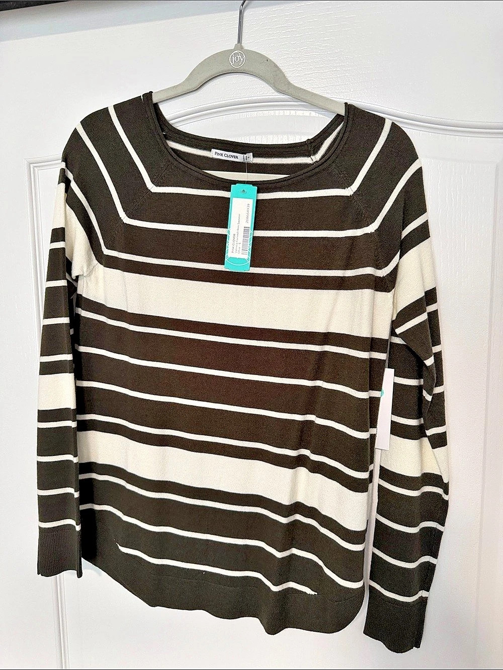 Pink Clover Valerie French Terry Sweater Striped Sweater in Olive & White Size s